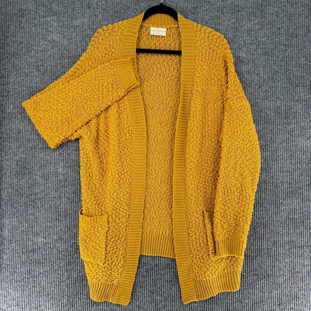 Bobbie Brooks mustard yellow open front cardigan popcorn knit pockets womens M